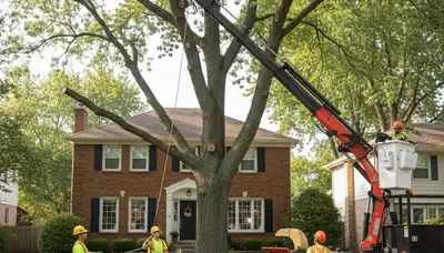 Professional arborists performing safe tree removal with bucket truck in Royal Oak, MI