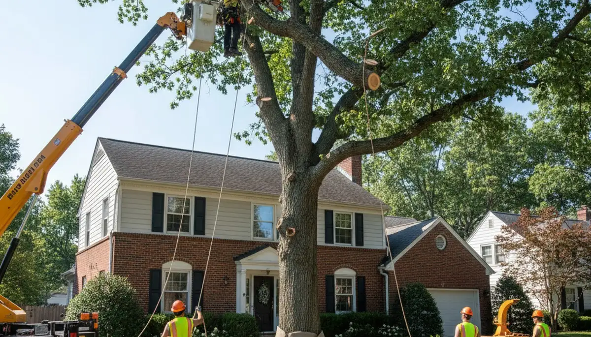 Arborists using bucket truck for large tree removal at Pleasant Ridge home near Royal Oak, MI