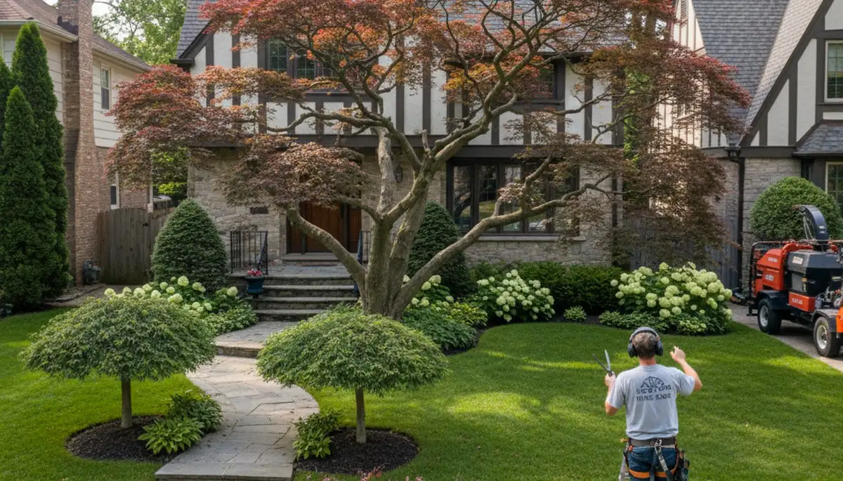 Arborist hand pruning ornamental Japanese maple tree in Royal Oak MI residential landscape