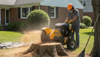 Professional stump grinding service removing tree stump in Pleasant Ridge, MI near Royal Oak homes