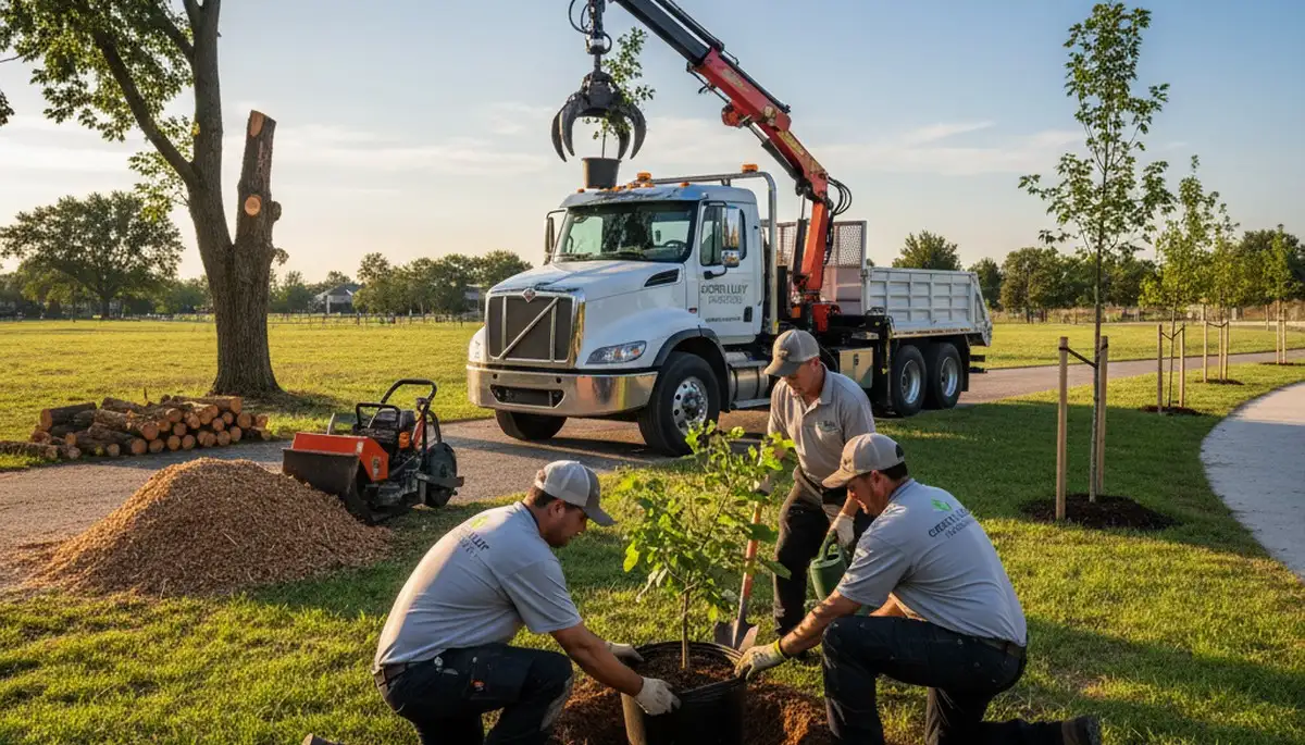 Arborist planting new tree in residential yard, Royal Oak MI tree planting service