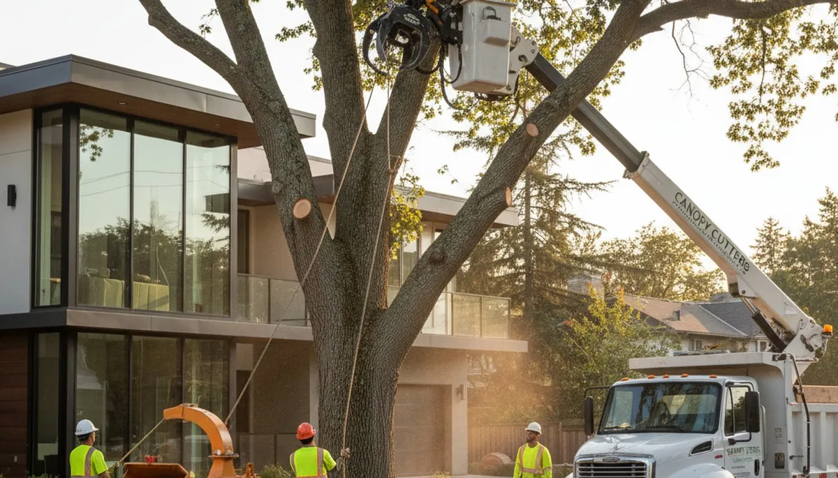 Professional tree removal crew at work in Royal Oak, MI safely trimming large oak branches