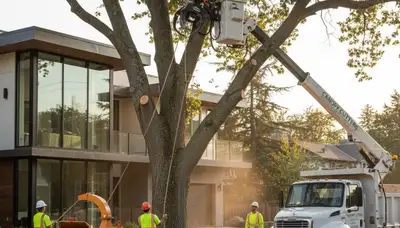 Professional tree removal crew at work in Royal Oak, MI safely trimming large oak branches