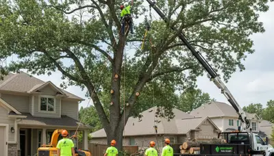 Professional tree removal service in Royal Oak, MI safely clearing large backyard oak tree