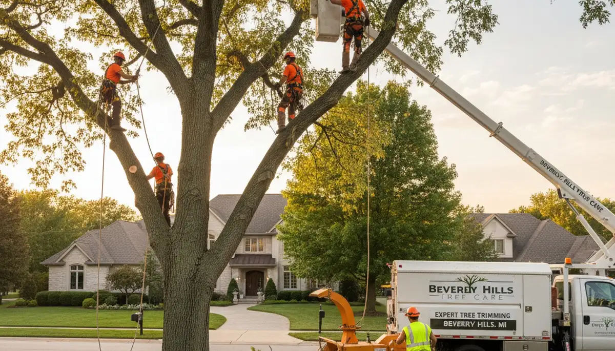 Professional tree removal service in Royal Oak MI safely clearing large trees for homeowners