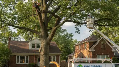 Professional tree removal service in Royal Oak, MI safely clearing large oak tree branches