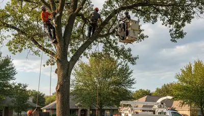Arborists trimming mature oak tree branches in Royal Oak, MI for safe, healthy canopy maintenance