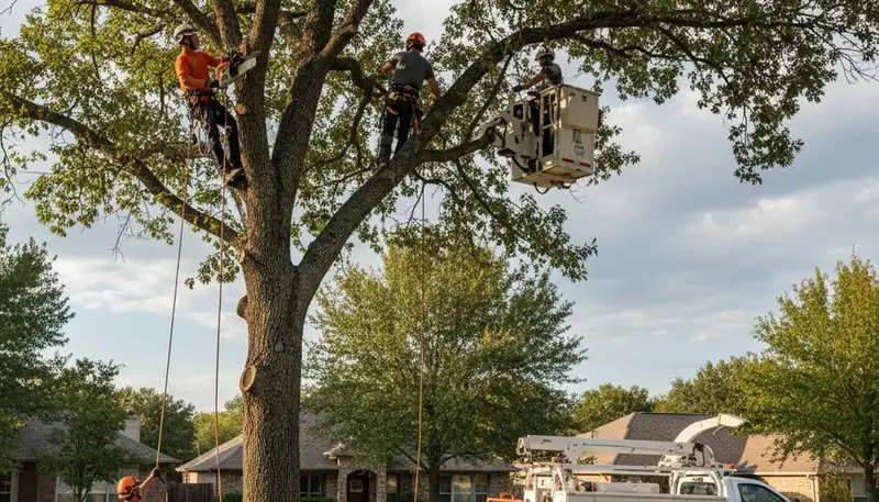 Arborists trimming mature oak tree branches in Royal Oak, MI for safe, healthy canopy maintenance