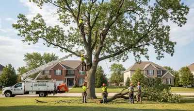 Professional tree removal service team in Royal Oak MI safely cutting large oak tree