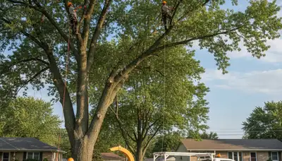 Professional tree removal service team working in Royal Oak, MI yard